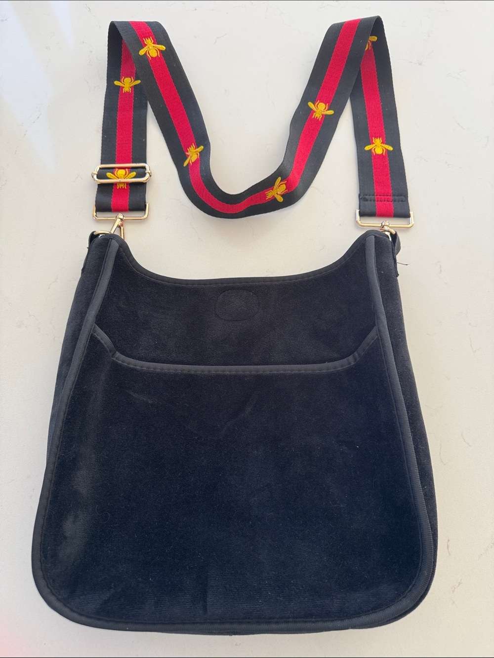 Ah Dorned Black Suede Crossbody Bag with Decorative Red & Black Bea Strap MWOT